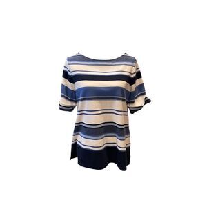 Karen Scott Women's 1X Blue Striped Boat Neck Short Sleeve Top